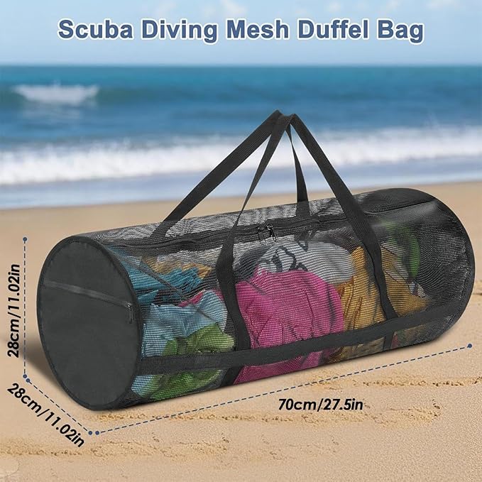 Dive Bag For Gear - Mesh Snorkel Gear Bag, Foldable Large Duffle, Breathable Lightweight Durable Equipment Carrier | Beach Travel Use For Swimming Snorkeling Diving Scuba Pool Laundry Gym Sports Balls