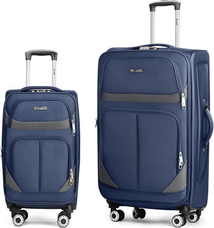 2-Piece Set Front Opening,Softside Luggage Sets w/Double Spinner Wheels Expandable Luggage,Lightweight Travel Luggage Rolling Suitcase w/LOCK（Navy-Grey,20in/28in）