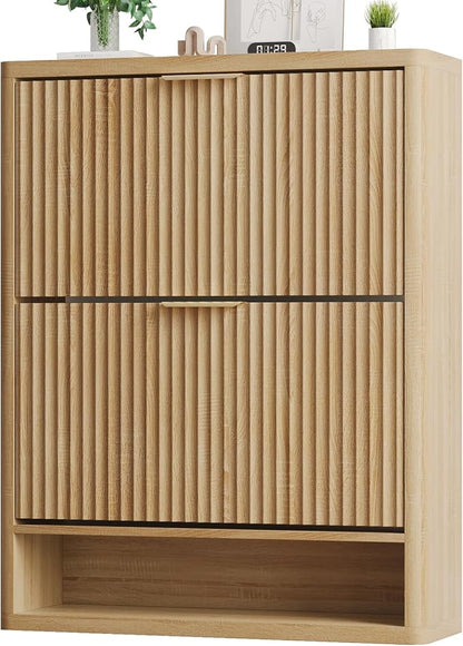 Fluted Shoe Cabinet Storage with 2 Flip Drawers, Narrow Shoe Storage Organizer for Entryway, Hidden Slim Wooden Shoe Rack Cabinet for Front Door Entrance, Hallway, Living Room (2-Drawer, Oak)