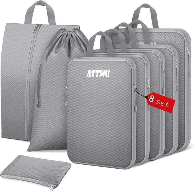 8 Set Compression Packing Cubes for Travel, Expandable Compression Cubes for Suitcases, Lightweight Suitcase Organizer with Shoes & Laundry Bags, Travel Accessories for Men Women
