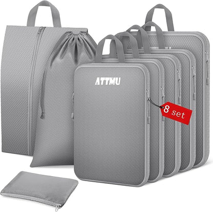 8 Set Compression Packing Cubes for Travel, Expandable Compression Cubes for Suitcases, Lightweight Suitcase Organizer with Shoes & Laundry Bags, Travel Accessories for Men Women