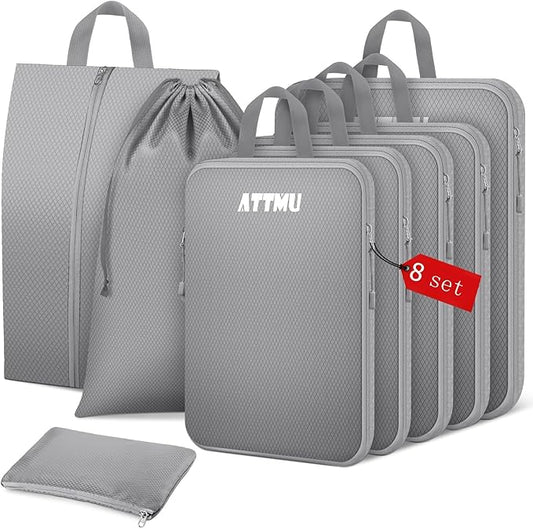 8 Set Compression Packing Cubes for Travel, Expandable Compression Cubes for Suitcases, Lightweight Suitcase Organizer with Shoes & Laundry Bags, Travel Accessories for Men Women