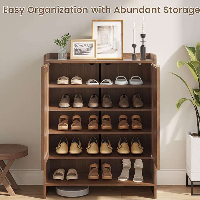 EROMMY Rattan Shoe Storage Cabinet with Doors- 5 Tier Farmhouse Boho, Tall Wooden Storage Rack with 3 Adjustable Shelves, Shoes Rack Organizer Cabinet for Entryway Hallway Closet