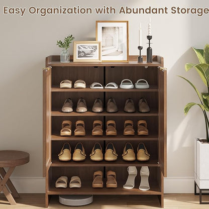 EROMMY Rattan Shoe Storage Cabinet with Doors- 5 Tier Farmhouse Boho, Tall Wooden Storage Rack with 3 Adjustable Shelves, Shoes Rack Organizer Cabinet for Entryway Hallway Closet