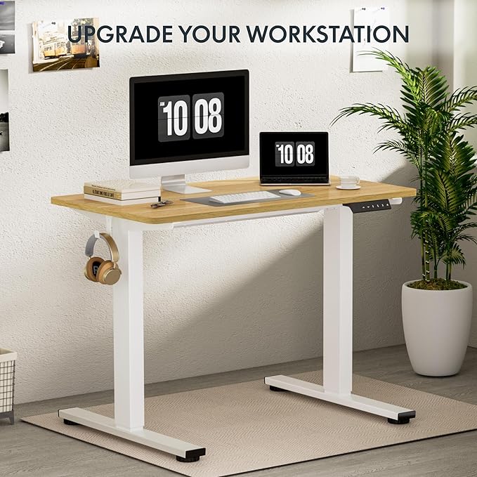 FLEXISPOT EN1 One-Piece Standing Desk, 48"x24" Seamless Desktop Electric Height Adjustable for Home Office, Study Rooms & Multi-Device Workstations, Maple(White Frame)