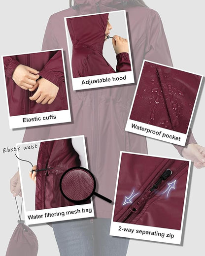 33,000ft Women's Waterproof Long Rain Coats Packable Rain Jacket with Hood Trench Coats Windbreaker