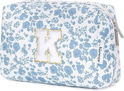 Narwey Birthday Gifts for Teen Girls Kids Women Personalized Initial Floral Makeup Bag Cute Cosmetic Trendy Stuff 6 8 10 11 12 13 14 16 18 Years Old Travel Toiletry Bag (Little Blue Flower K)