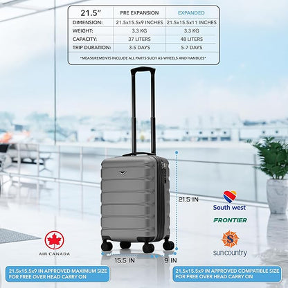 Flight Knight 21.5x15.5x9" Expandable Carry On Suitcase Hardside TSA Lock & USB C Port Lightweight Luggage Silent Double Spinner Wheels Maximum Canada Air Overhead Carry-On Bag Many Airlines Approved