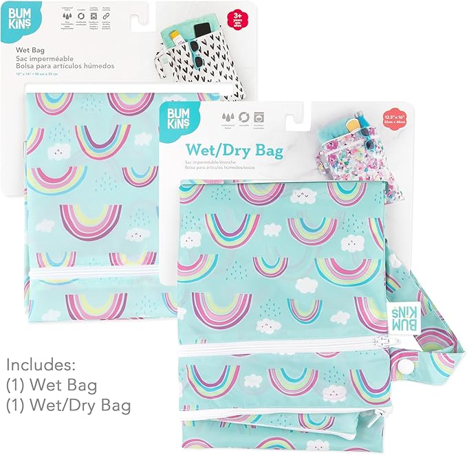 Bumkins - Waterproof Wet and Wetdry Bags - For Beach, Baby, Travel, Swim Suit, Cloth Diapers, Pump Parts, Pool, Gym, Toiletries - Reusable & Easy to Clean - Rainbows Blue - 2 Pack
