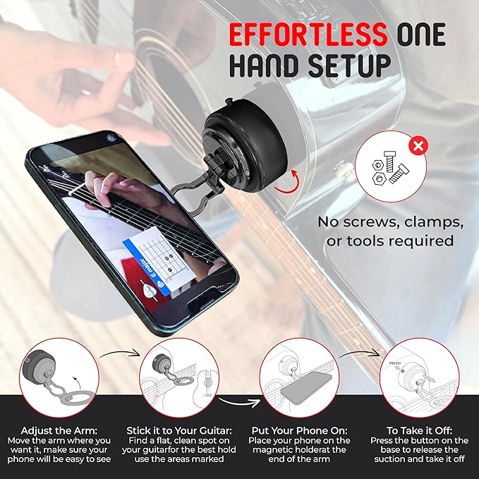 Strum Screen Guitar Phone Mount – Hands-Free Phone Holder with Vacuum Suction for Guitar – Perfect for Watching Tutorials & Tabs – Universal Fit for Guitar Players