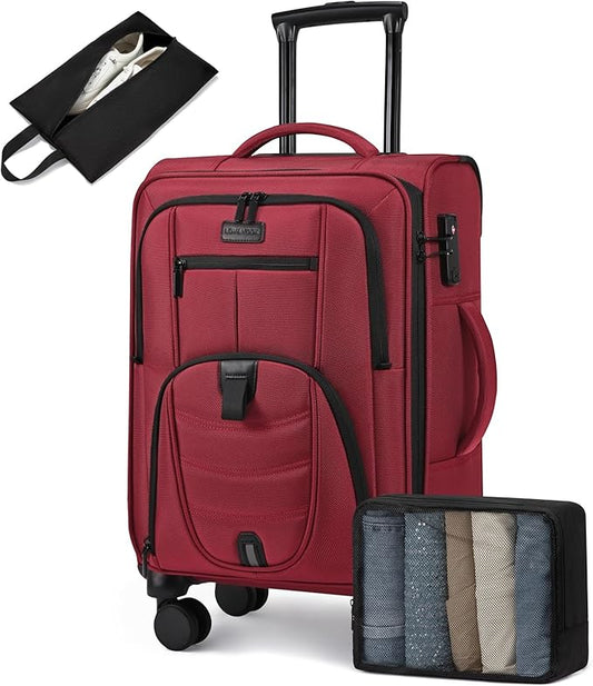 LOVEVOOK Carry On Luggage Airline Approved, Suitcases with Spinner Wheels, Softside Carry-on Luggage with TSA Lock for Women Business Trip, Lightweight Large Capacity Luggage for Travel, Burgundy Red