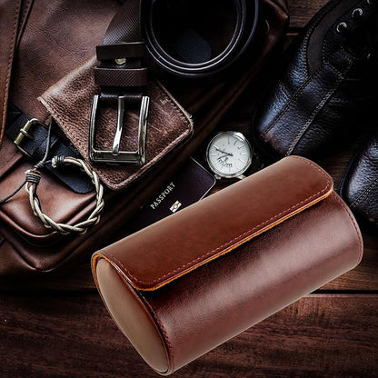 MR.OKAY 2 Watch Travel Case- Classic Leather Watch Case With Perfect Texture.Portable Watch Roll Or Organizer For Storage And Display. Luxury Gifts For Men, All Handmade by Artisans.