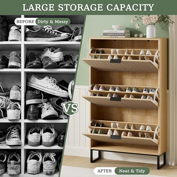 Shoe Cabinet Storage with 3 Flip Drawers, Shoe Organizer Cabinet for Entryway Slim, Modern Freestanding Hidden Shoe Rack Organizer Shoe Cupboard for Hallway, Natural Wood