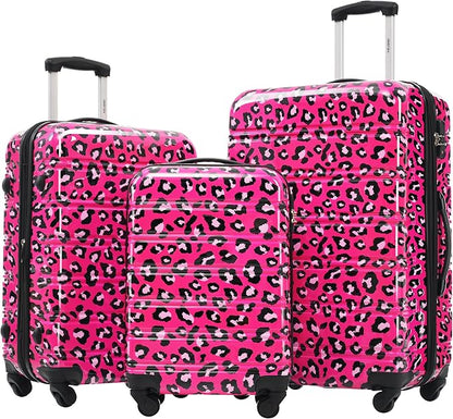 Merax Luggage Sets 3 Piece, Hardside Expandable Suitcase Set with Spinner Wheels, Lightweight Leopard 20+24+28 IN Suitcase with Carry on Luggage, Leopard Hot Pink