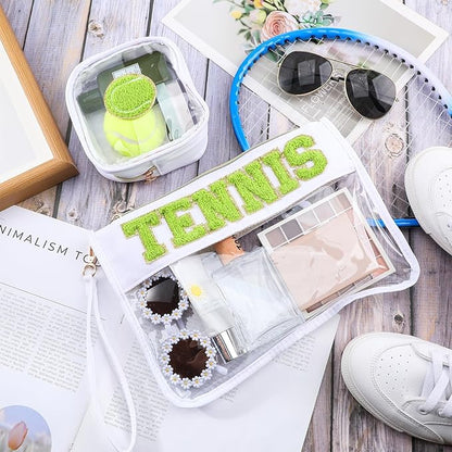 2 Pcs Tennis Gifts Cosmetic Makeup Bag with Chenille Letter Patch,with Handles PVC Waterproof Clear Makeup Bag,Portable Toiletry Storage Bag,Players & Fans Birthday, Team or Sports Lover Presents