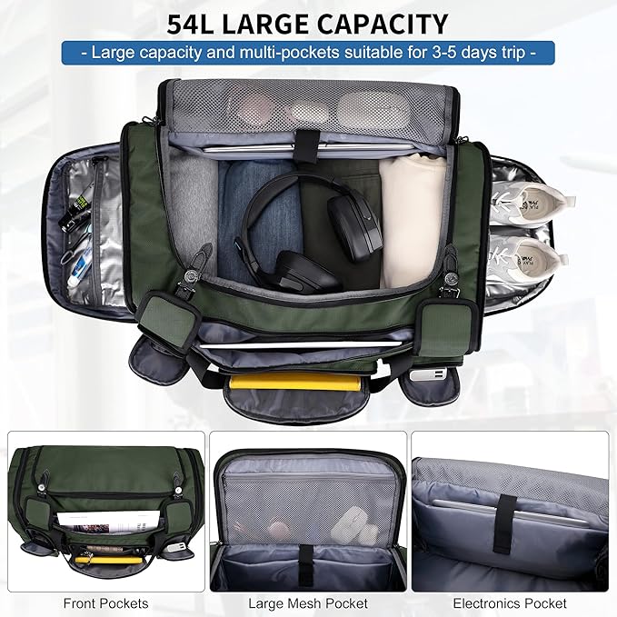 WITZMAN Duffle Bag for Men Large Carry On Weekender Bag 54L Nylon Duffle Gym Bags for Travel with Shoes Compartment(B717 Army Green)