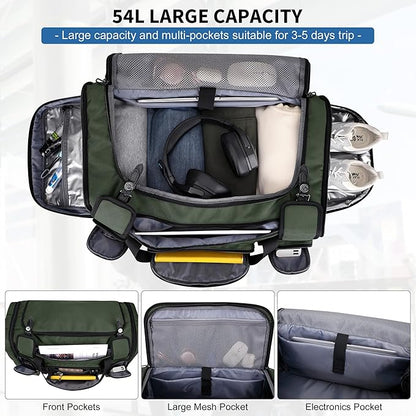 WITZMAN Duffle Bag for Men Large Carry On Weekender Bag 54L Nylon Duffle Gym Bags for Travel with Shoes Compartment(B717 Army Green)