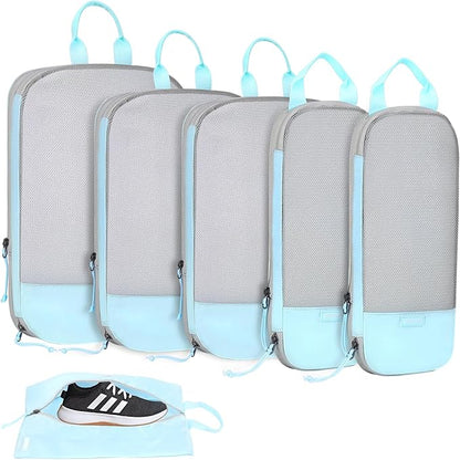 Voova 6 Set Compression Packing Cubes, Travel Accessories Expandable Packing Organizer Bags Set for Carry on Suitcase, Durable Luggage Packing Cubes for Travel Essentials, Blue