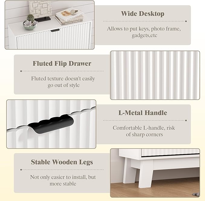 Shoe Cabinet Storage for Entryway with 3 Flip Drawers, Fluted Narrow Shoe Organizer with Wooden Legs, Freestanding Slim Shoe Storage Hidden Shoe Rack Organizer for Front Door Entrance, Hallway, White