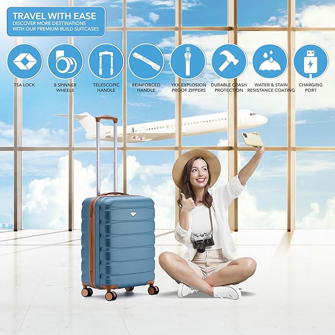 Flight Knight 24x16x10 Expandable Carry On Suitcase Hardside TSA Lock USB C Lightweight Luggage Silent Double Spinner Wheels Maximum Overhead Carry-On Bag For Virgin & South West Approved Airlines