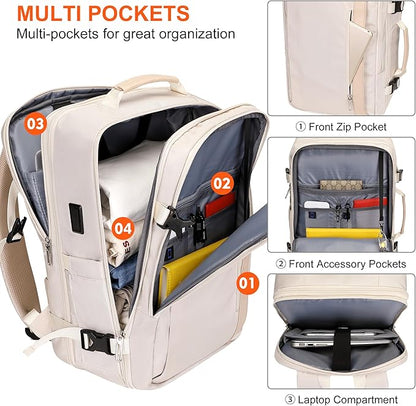 PIJUSHI Travel Backpack for Women Expandable Carry on Luggage Backpack Airline Approved Personal Item Laptop Bag(PE034 Beige)