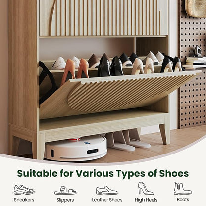 Shoe Cabinet with 2 Flip Drawers, Narrow Wooden Shoe Storage Cabinet for Entryway, Free-Standing Shoe Organizer with Rattan-Style Doors, Space-Saving Shoe Rack for Heels, Boots & Slippers(Wood Color)