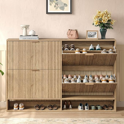 47.2''W Oak Shoe Storage Cabinet for Entryway with 4 Flip Drawers, Narrow Wood Fluted Shoe Rack Cabinet,Freestanding Slim Shoe Organizer Cabinet for Foyer, Hallway