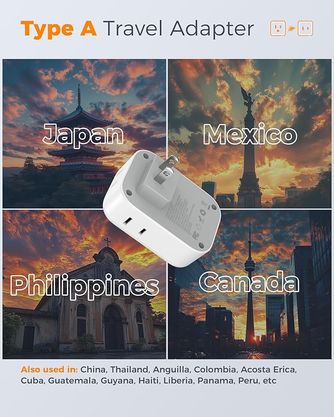 2 Prong to 3 Prong Outlet Adapter, TESSAN US to Japan Plug Adapter 2 Pack with 4 Outlets 3 USB (2 USB-C), Outlet Adaptor US to Japan China Mexico Philippines Canada Peru Thailand Vietnam