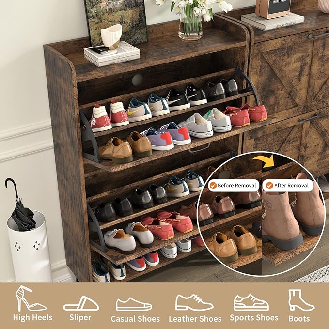 Shoe Cabinet Storage with 2 Flip Drawers, Hidden Shoe Cabinet for Entryway Slim, Farmhouse Shoe Organizer with Wood Legs, Narrow Shoe Rack Cabinet, Rustic Brown
