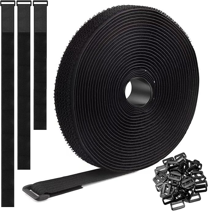 40Ft x 1" Adjustable Cable Straps with 60 Buckles, Hook and Loop Straps, Reusable Nylon Cable Ties for Cord Organiser, Organizer, Cable Tidy, Free Cut Length, Black