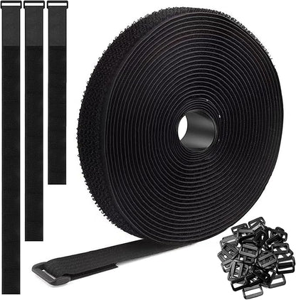 40Ft x 1" Adjustable Cable Straps with 60 Buckles, Hook and Loop Straps, Reusable Nylon Cable Ties for Cord Organiser, Organizer, Cable Tidy, Free Cut Length, Black