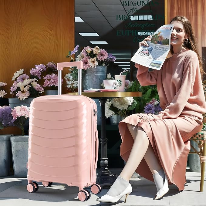 LARVENDER Luggage Sets 3 Piece, Hardside PP Carry On Luggage Suitcase with 360° Spinner Wheels Suitcase Sets for Women Men, Pink