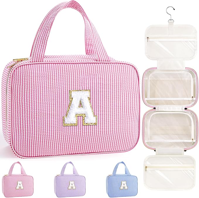TOPEAST Christmas Gifts for Teen Girls Kids - 8 9 10 11 12 13 14 15 16 17 Year Old Girls Birthday Gifts, Initial Hanging Toiletry Bag & Makeup Bag, Travel Cruise Essentials, Pink A