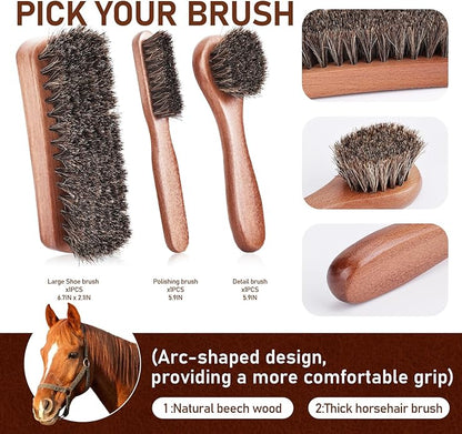 12Pcs Shoe Polish Kit, Horsehair Brush Shoe Shine Kit For men, Shoes Boots Care Brushes Polish Kit