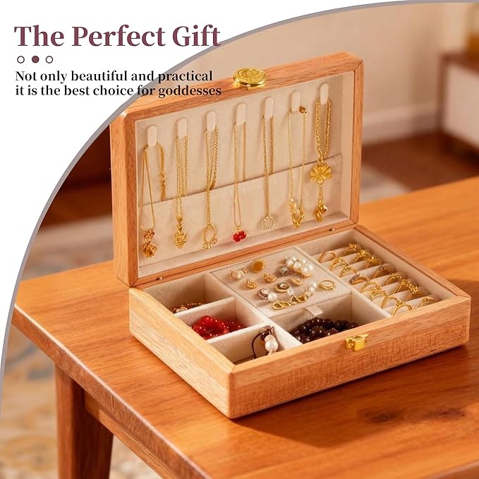 Travel Jewelry Case Small Wood Jewelry Organizer Jewelry Box for Women (Pine Wood Print C)