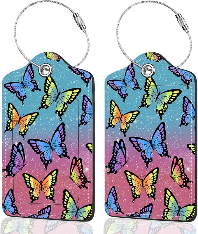 2Pack Luggage Tags for Suitcases, Cute Unique Pu Leather Cruise Luggage Tag with Privacy Cover ID Label Address Card and Metal Ring Suitable for Women Men Kids Travel Bag Colorful Butterflies