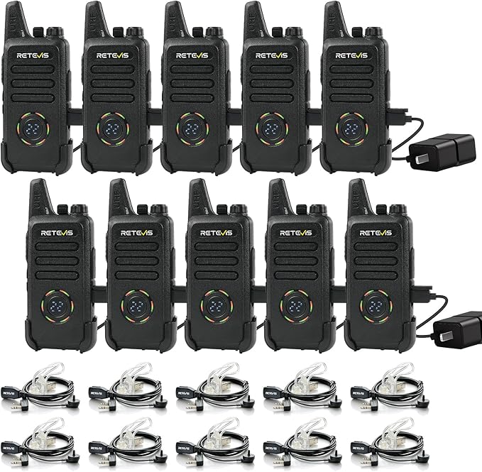 Retevis RT22S Walkie Talkies for Adults, 2 Way Radio with Earpiece, Channel Display, Rechargeable, Portable FRS Two-Way Radios, Mini Compact, for Hospitality Church School Retail Restaurant (10 Pack)