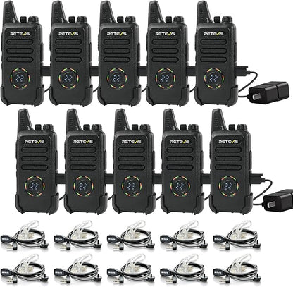 Retevis RT22S Walkie Talkies for Adults, 2 Way Radio with Earpiece, Channel Display, Rechargeable, Portable FRS Two-Way Radios, Mini Compact, for Hospitality Church School Retail Restaurant (10 Pack)
