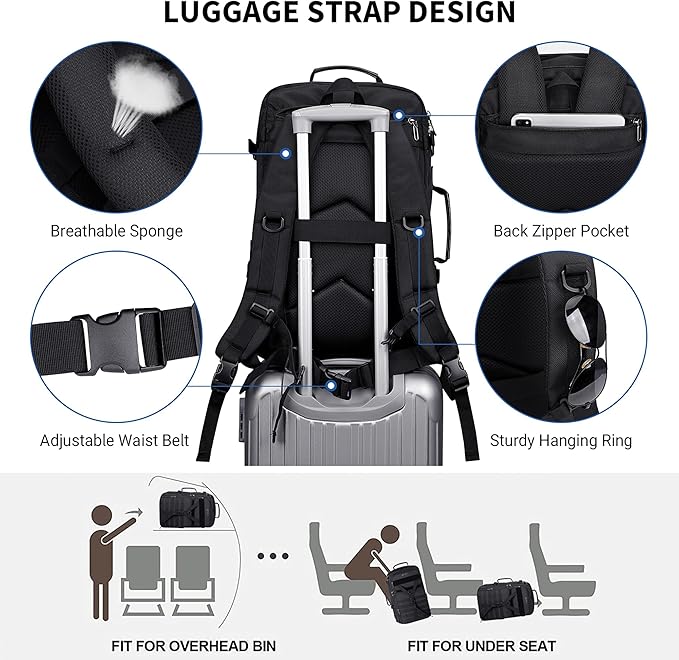 WITZMAN Carry On Travel Backpack for Men Large Convertible 45L Fit 17 Inch Laptop Backpack 3 in 1 Bag for Airline Approved(B688 Black)