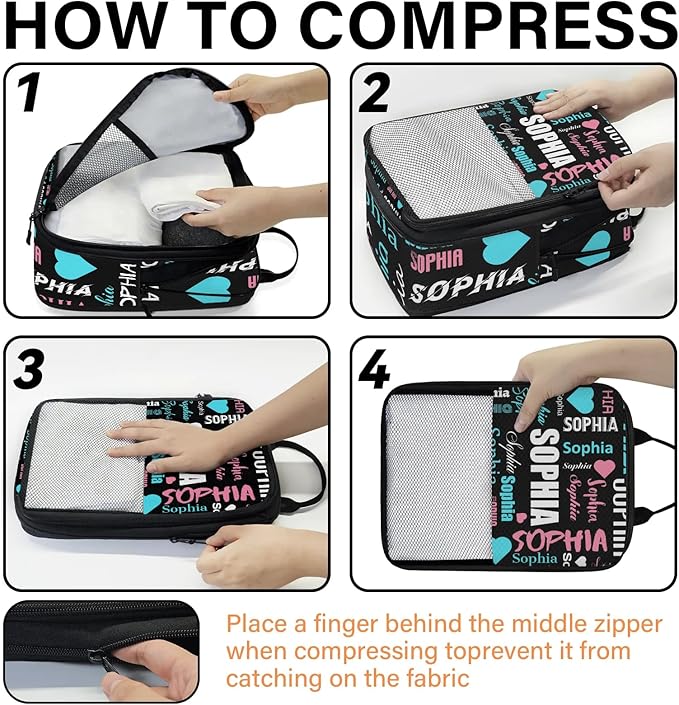 Personalized 6 Set Compression Packing Cubes for Travel Essentials with Name Customized Lightweight Carry on Expandable Luggage Organizer Bags for Women and Men, Black