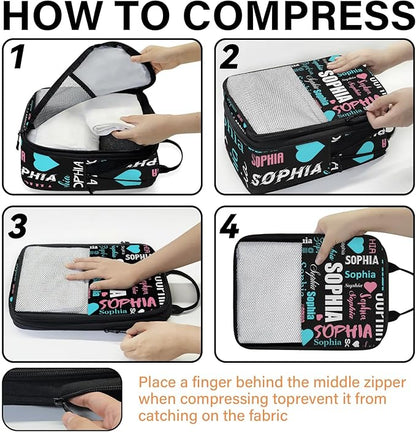 Personalized 6 Set Compression Packing Cubes for Travel Essentials with Name Customized Lightweight Carry on Expandable Luggage Organizer Bags for Women and Men, Black