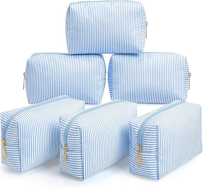 Sanwuta 6 Pcs Seersucker Cosmetic Bags Bulk Seersucker Makeup Bags Stripe Women Pouch Large Preppy Storage Pouch Toiletry Travel Organizer for Wedding Bridesmaid Bride Favor Mom Gift (Blue)