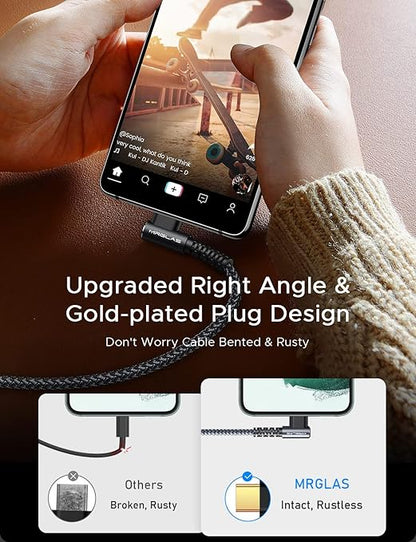 MRGLAS 3.2A USB C Charger Cable,[4-Pack,10+6.6+3.3+1.6FT] USB A to USB C Right Angle Gold-Plated Type C Charger Fast Charging Durable Braided Cord for iPhone 17 16 15 Samsung S10 Note 10 S21 LG-Black