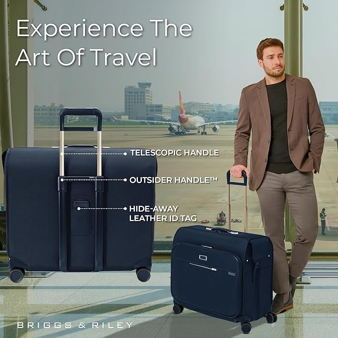 Briggs & Riley Deluxe Wardrobe Spinner - Checked Luggage for Travel, Suitcases with Wheels, Softside Rolling Bag for Men & Women, Built in Hook for Clothes - Baseline Collection, Navy