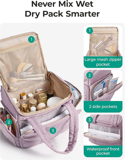 BAGSMART Puffy Travel Toiletry Bag, Roomy Makeup Bag with Multi-Pockets for Full-Sized Toiletries & Accessories, Purple