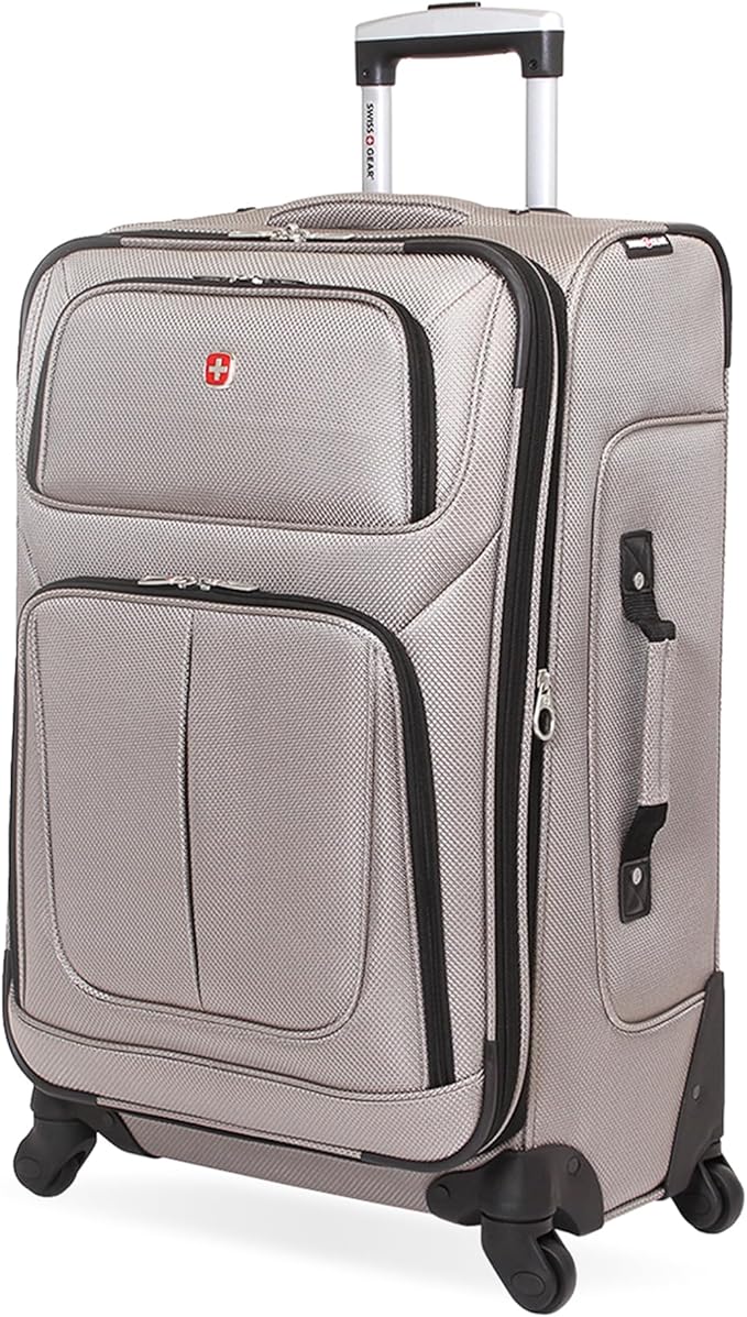 SwissGear Sion Softside Expandable Luggage – Medium Checked Suitcase with 360 Degree Wheels & Retractable Handle – 25 Inch, Perfect for 1-7 Night Trips – Pewter