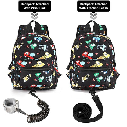 Accmor Toddler Harness Backpack Leash, Cute Excavator Kids Backpack with Anti Lost Wrist Link for Outdoor Walking, Mini Black Child Backpack Wristband Tether Leashes for Boys Girls Aged 1-3 Years Old