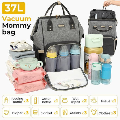 Vacuum Compression Diaper Bag, Expandable Waterproof Baby Travel Backpack with Insulated Pockets, Wet-Dry Separation, and Detachable Airtight Bag (Vacuum Pump Included)