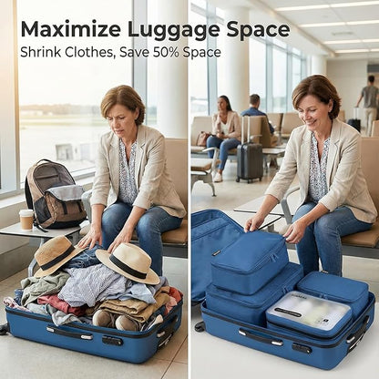 Compression Packing Cubes for Travel, 6-Piece Set (L/M/S), Double-Zip Luggage Organizers with Mesh Panels, Space-Saving Clothes Storage Bags for Suitcase & Carry-On (6 Pack, Dark Blue)