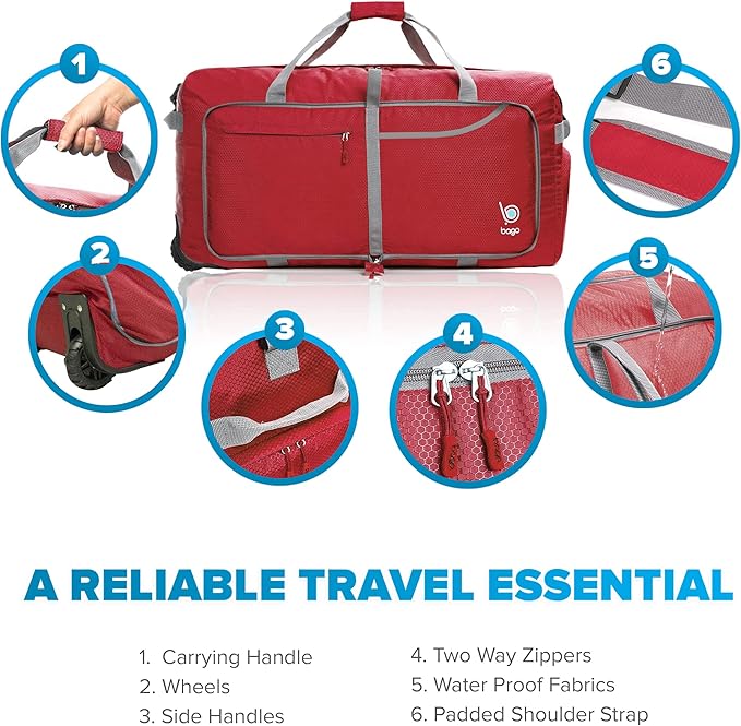 Bago Rolling Duffle Bag with Wheels - 31" 120L Foldable Weekender Bag, Waterproof Travel Duffel Bag, Heavy Duty Lightweight Duffle Bag for Traveling, Rolling Duffel Bag with Wheels (Red2023)